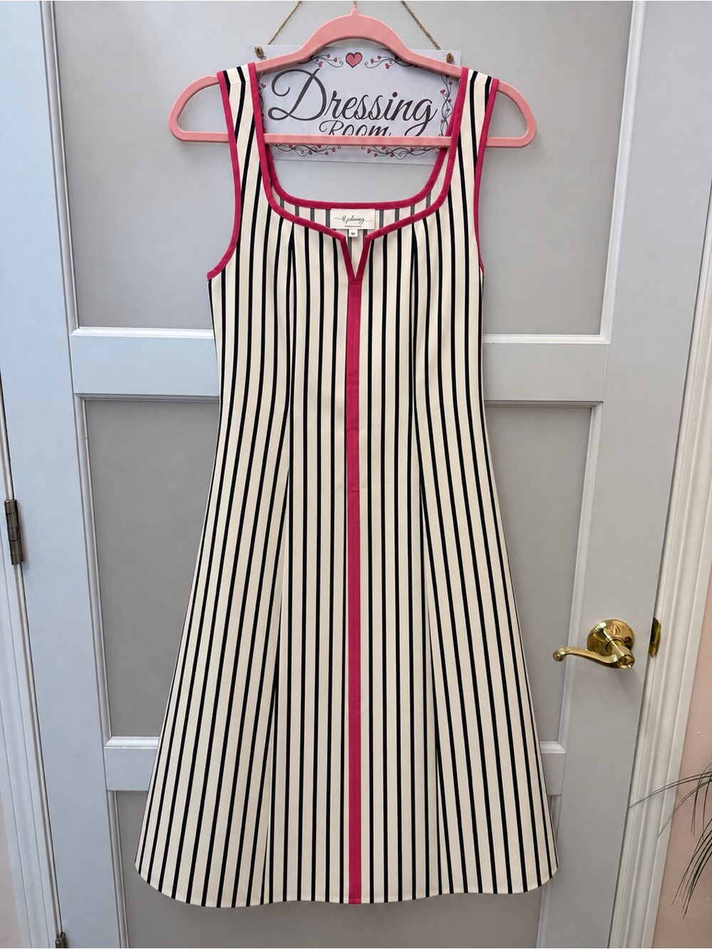 Classic Stripe A-Line Dress in Cream & Navy with Pink Trim